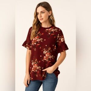 Anthropologie Orange Creek Ruffle Sleeve Mock Neck Floral Print Keyhole Top